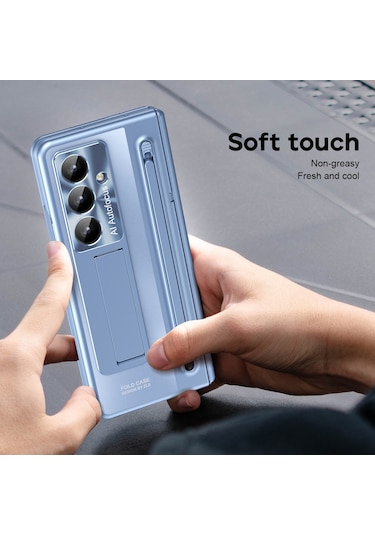 Samsung Galaxy Uyumlu Z Fold7 5g Kılıf, Temperli Cam Filmli, Kalemli, Ayaklı Menteşeli Pc Telefon Kılıfı - Mavi Mavi