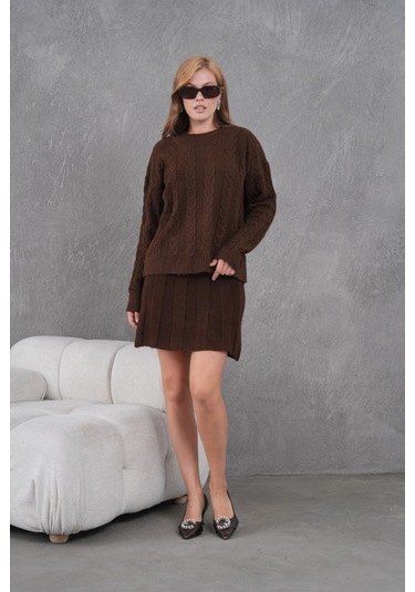 Kadın Bisiklet Yaka Saç Örgü Kazak Etek İkili Triko Takım Kahve