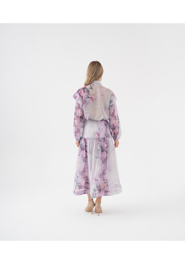 Fırfır Detaylı Transparan Çiçek Desenli Bağlama Yakalı Takım Lila