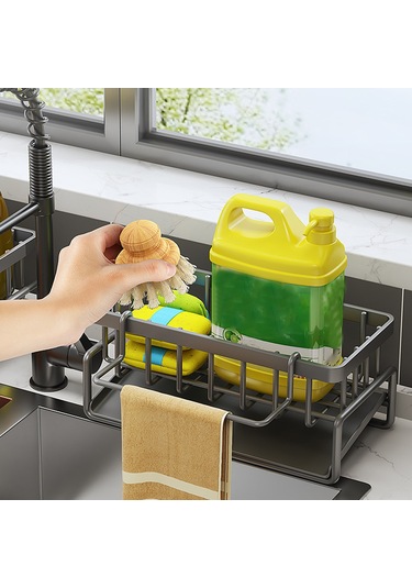 Honmex Gri Paslanmaz Çelik Mutfak Lavabo Organizatörü - Otomatik Su Akışı + Tüyler Çekme Çubuğu Detaylı Depolama Gri