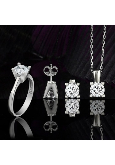 Pırlanta Montürü V Kasa Tek Taş Gümüş Takı Seti (518666827)