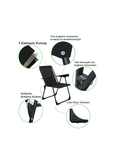 Silva 4 Adet Kamp Sandalyesi Bardaklıklı Lüks Siyah + MDF Masa Siyah