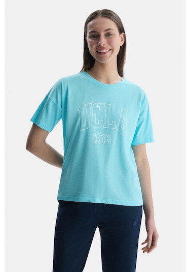 Ucla Sanchez Mavi Bisiklet Yaka Baskılı Standard Fit Kadın Tshirt Mavi