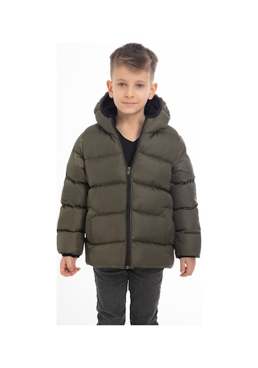 Erkek Çocuk Haki Içi Polarlı Kapüşonlu Su Geçirmez Rüzgara Dayanıklı Şişme Kışlık Mont Haki