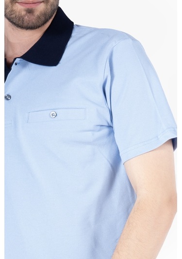 T-shirt %100 Pamuk Polo Yaka Fleto Cepli %100 Pamuk Gök Mavi