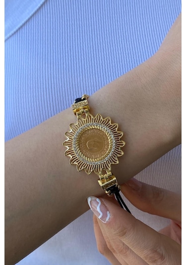 Zümrüt Sarraf 22 Ayar Altın Bayan Siyah İpli Çeyrekli Bileklik