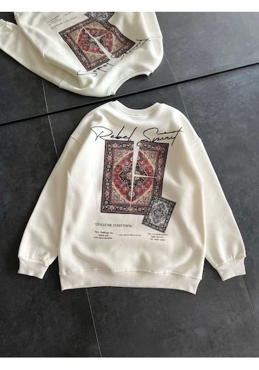 Efnaz Style Bisiklet Yaka Baskılı Sweatshirt - Beyaz