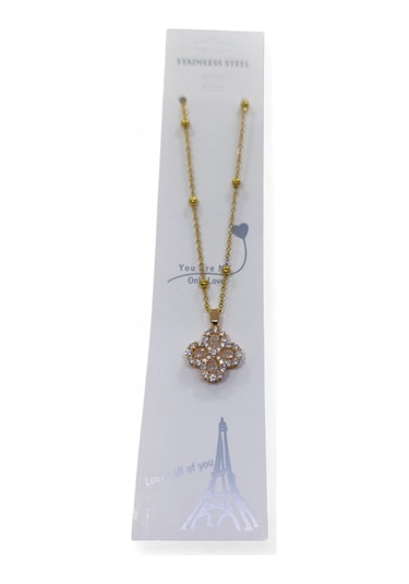 Altın Renk Beyaz Taş Van Cleff Yonca Damla Taşlı Model Top Zincir Çelik Kolye- 3717 Çok Renkli