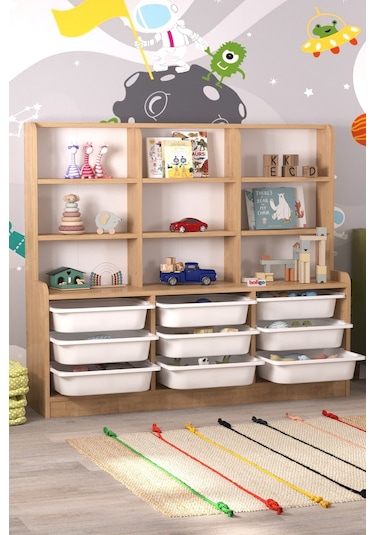 Bofigo 9 Sepetli 9 Raflı Dolap Çok Amaçlı Dolap Oyuncak Dolabı Almina Safir Meşe Açık Kahverengi