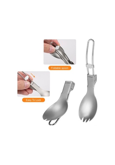 Fortunelane 300ml + 200ml Titanyum Bardak Çatal Kaşık Setli Katlanır Titan, Gümüş Renk Gümüş