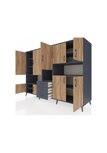 Kronos Dolap 13 Raflı 3 Çekmeceli 9 Kapaklı 220x59x163 Antrasit-ç Antrasit-çam/antrasit