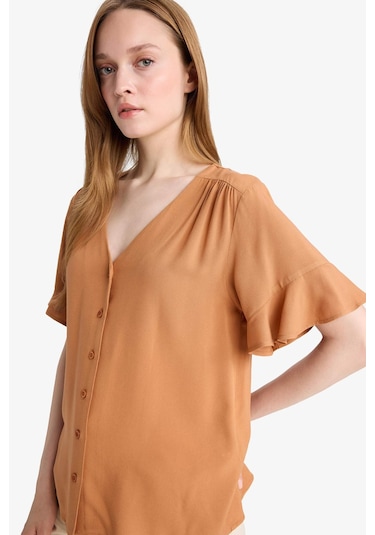 Defacto Regular Fit V Yaka Kısa Kollu Gömlek F6086ax25smbn101 Kahve