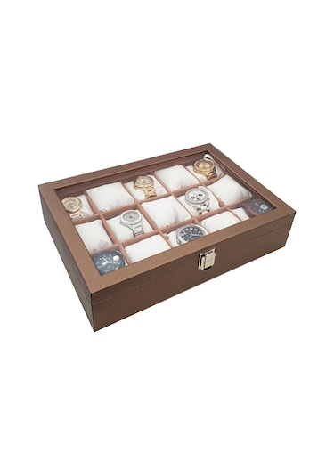 Chavin 15 Li Diamond Bronz Deri Ahşap Camlı Saat Kutusu St15-58