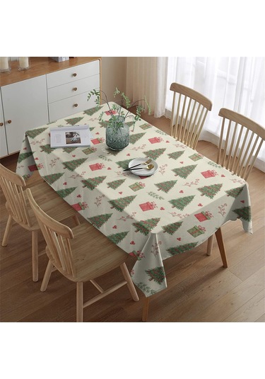 Noel Desenli Dikdörtgen Masa Örtüsü 60x84 İnç, Su Geçirmez Ve Leke Tutmaz Noel Ağacı Hediyesi