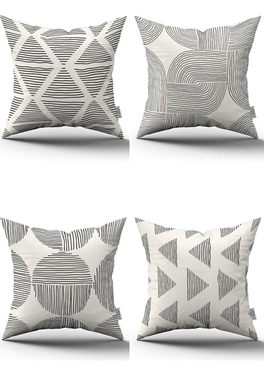 Krem Siyah Bohem İskandinav Desenli 4'lü Dijital Baskılı Kırlent Kılıfı Seti 4kmbs293 Krem