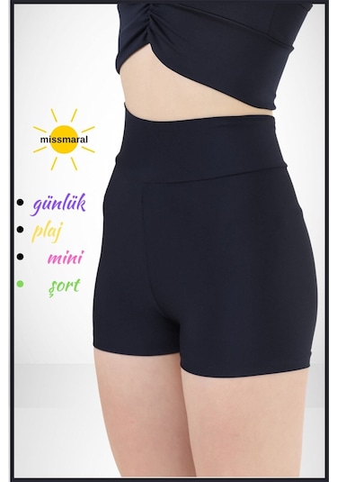 Kadın Lacivert Yüksek Bel Toparlayıcı İç Göstermeyen Boxer Şort Deniz, Havuz & Günlük Kullanım Lacivert