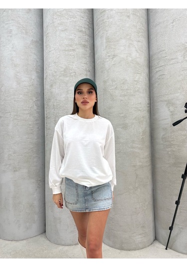 Düz Renk Kadın Sweatshirt Beyaz