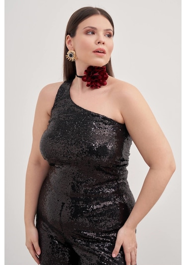Tek Omuz Astarlı Payetli Top-3351 Siyah