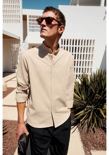 JEZER Erkek Hakim Yaka Uzun Kollu %100 Pamuk Regular Fit Bej Gömlek