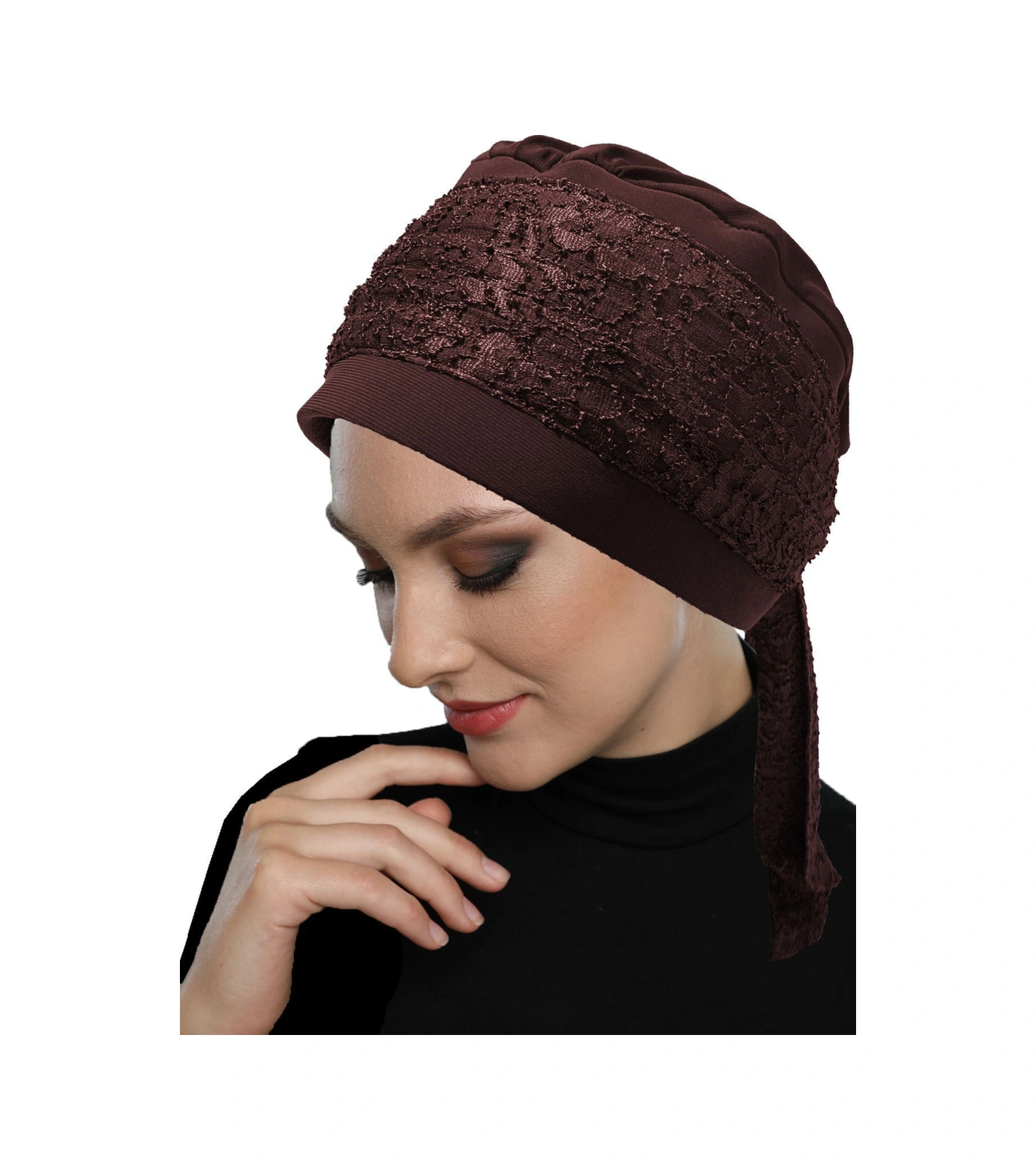 Dantel Bandana Kahve Hazır Türban Tesettür Bone Kahve