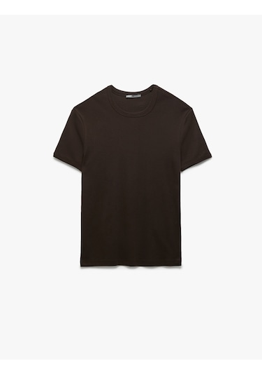 Koton Kısa Kollu Bisiklet Yaka Pamuklu Tok Kumaş Basic Dar Kalıp Tişört Kahverengi 6wam10086hk Kahve