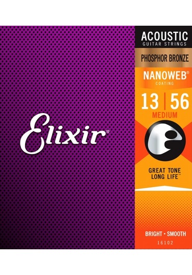 Elixir 16102 Nanoweb Phosphor Bronze Akustik Gitar Teli 13-56