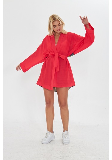 Kutaf Kırmızı Ultra Soft Arkası Desenli Kimono Kırmızı