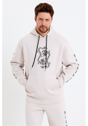 JAHR MARC Ejderha Baskılı Krem Oversize Erkek Sweatshirt Krem