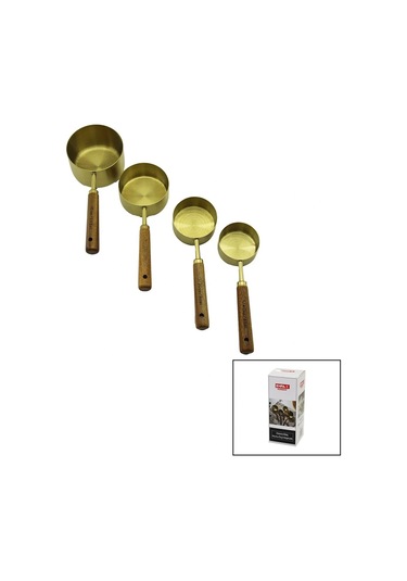 4pcs Gold Metal Ölçü Kaşık Set Otantik Ağaç Kulp 1cup: 250ml - 1/2 Cup: 125ml - 1/3 Cup: 80ml - 1/4 Çok Renkli