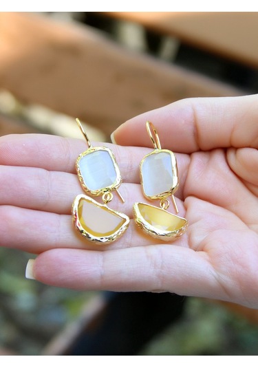 İkili Model Kedigözü Cam Sallantılı Kadın Küpe Euku26s Sarı