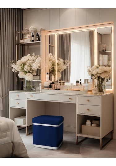 Zengo Silver Twin Line Kare Puf -mavi Kumaş, Dekoratif Makyaj Masası Pufu-modern Style