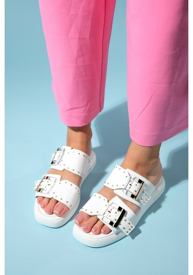 Luvishoes Zley Beyaz Şeffaf Tokalı Kadın Terlik Beyaz