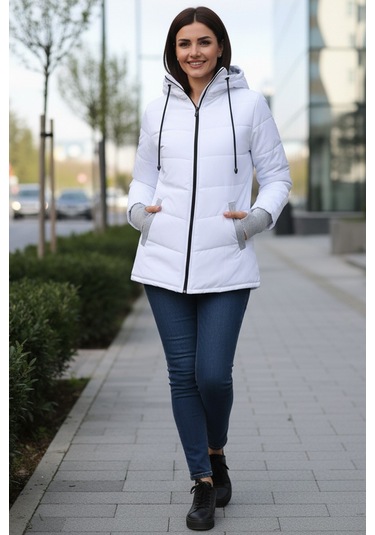 Günlük Su Geçirmez Kışlık Eldivenli Kadın Şişme Beyaz Mont Beyaz