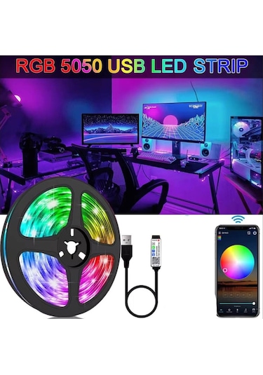 5 Metre Usb Rgb Telefon Kontrollü Mutfak Dolabı Tv Arkası Animasyonlu Şerit Led Parti Amber - Beyaz - Mavi