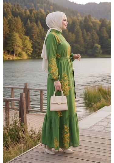 Bestenur Noyra Desenli Viskon Elbise 1722 - Haki