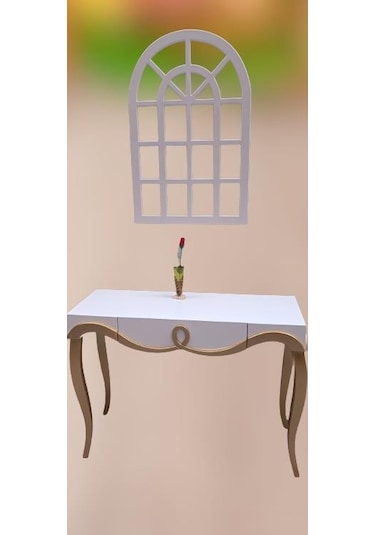 Dresuar CNC Çökertme Model Windows Ayna Gold Lake Beyaz Tabla Kayın Aslan Ayak El Yapımı Beyaz