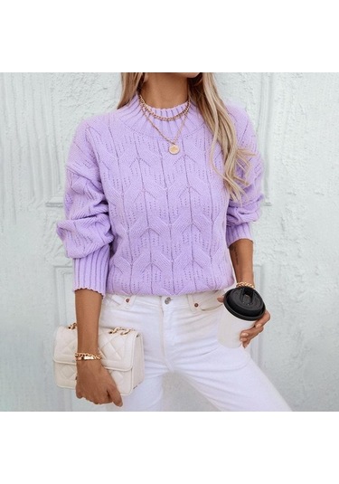 Tongxida Kadın Büyük Beden Yarım Yüksek Yaka Bükülmüş Örgü Kazak - Sonbahar/kış - Bol Bükülmüş Çiçekli Kazak - Mor Mor