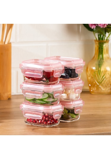 Porsima 4375 6lı Sızdırmaz Kilit Kapaklı Yiyecek Erzak Saklama Kabı Seti - Cam Saklama Kabı - 150ml Pudra Pudra