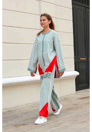 Çizgili Bisiklet Yaka Triko Takım Mint Mint