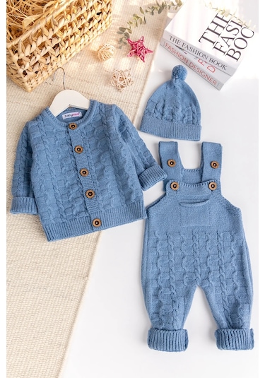 Triko Hırkalı 3'lü Ayarlanabilir Askılı Örgü Erkek Bebek Salopet Tulum Takım Set mavi