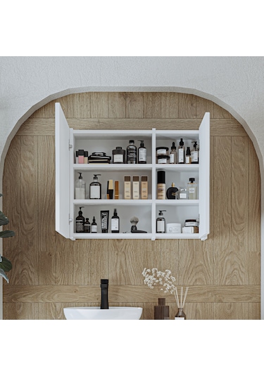 Banyo Dolabı Kulpsuz 2 Kapaklı Mdf 75 Cm Aynalı Banyo Üst Dolabı Mat Beyaz
