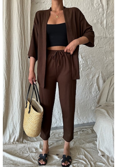 Modagen Kadın Kahve Kimono Alt Üst Havuç Pantolon Takım Kahve