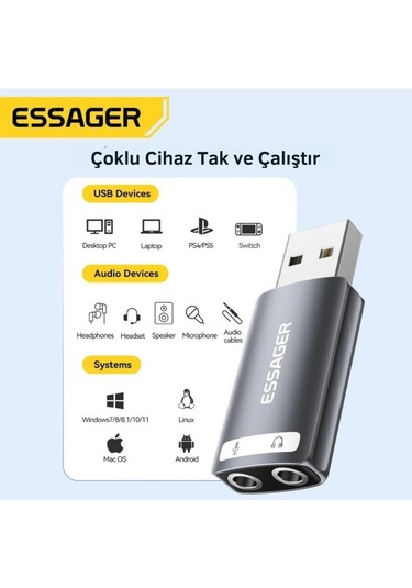 Essager Usb To 3.5mm Jack Çevirici Dönüştürücü Usbden Kulaklık Mikrofon Giriş Dönüştürücü Ses Dönüştürücü