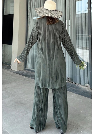 Kadın Koyu Yeşil Uzun Tunik Gömlek & Beli Lastikli, Bol Paça Pantolon - Salaş Bürümcük Takım Petrol