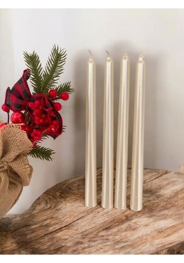 Denic 2 li Metalik Kırmızı ve İnci Beyaz  Şamdan Mum  Konik Mum