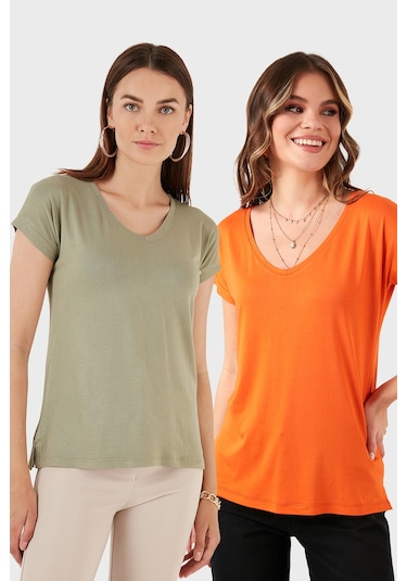 Lela V Yaka Relaxed Fit Yırtmaç Detaylı 2'Li Paket Bayan Bluz 5862000S2 Oranj-Olive