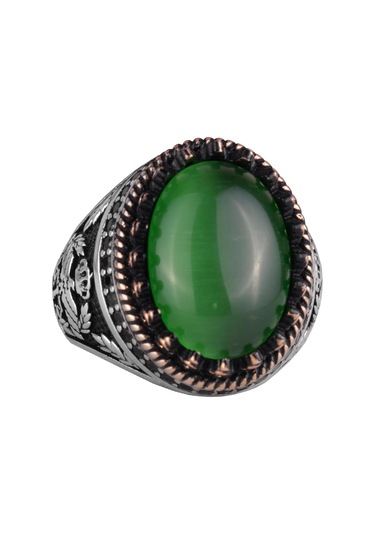 925 Ayar Gümüş Yüzük, Yapay Taş Yüzük, Kartal Sembolü Yüzük, El Yapımı Yüzük Yapay Yeşil Kedi Gözü Gümüş