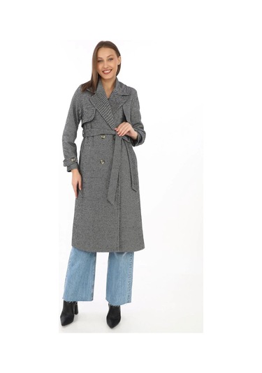 Kadın Uzun Kaşe Kaban Balık Sırtı Dokuma Kaşmir Kumaş, Kruvaze Yaka, Kuşaklı Cepli Model, Oversize Boyalı Gri