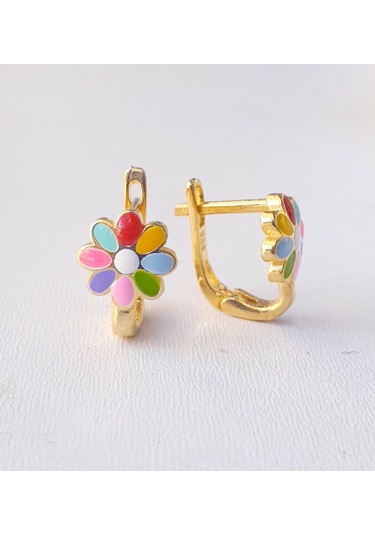 Rengarenk Mineli Klipsli Çiçekli Papatyalı Gümüş Çocuk Küpesi