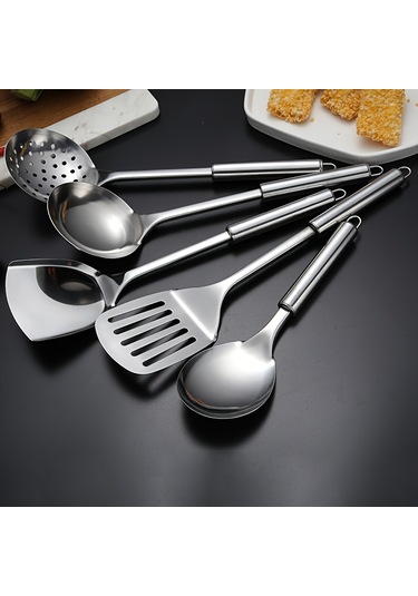 Tcherchi 1 Set Modern Yapışmaz Alet Seti- Spatula Ve Kaşık İçerir - Güvenli Ve Yıkanabilir Pişirme Aletleri Gümüş